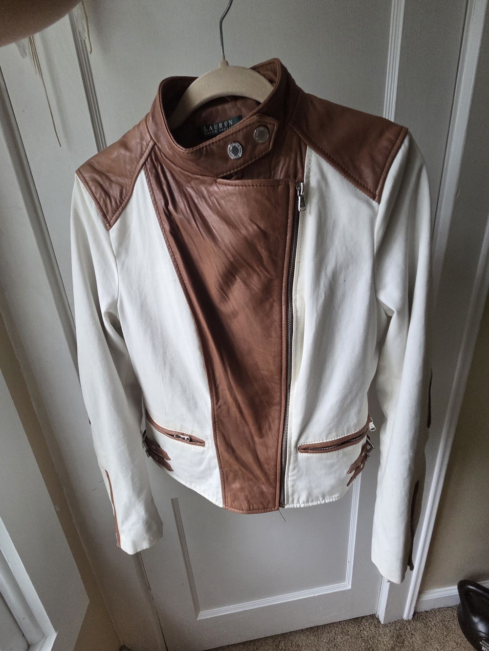 Lauren Ralph Lauren White and Brown Leather-Trim Moto Jacket